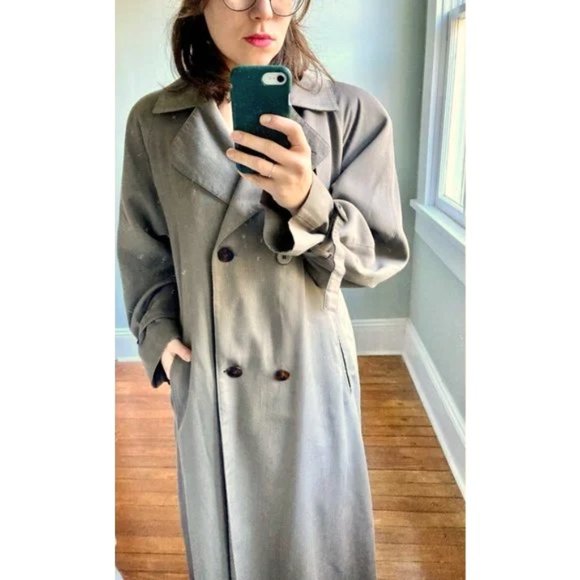 Vintage 90s London Fog Tan Gray Minimalist Staple Trench Maxi Coat 12 - Picture 5 of 8